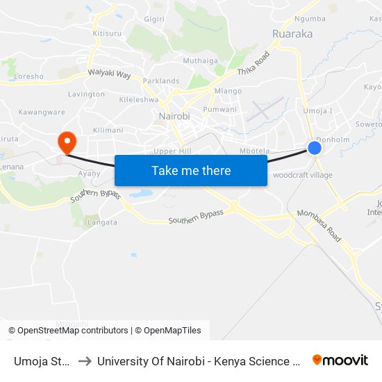 Umoja Stage to University Of Nairobi - Kenya Science Campus map