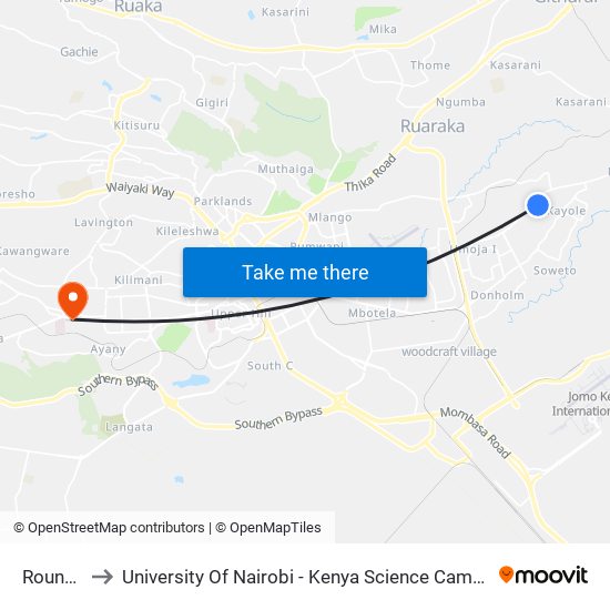 Rounda to University Of Nairobi - Kenya Science Campus map