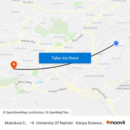 Mukokoa Court to University Of Nairobi - Kenya Science Campus map