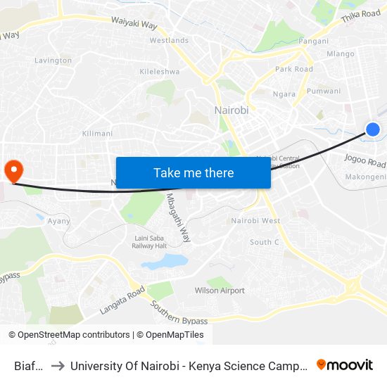 Biafra to University Of Nairobi - Kenya Science Campus map