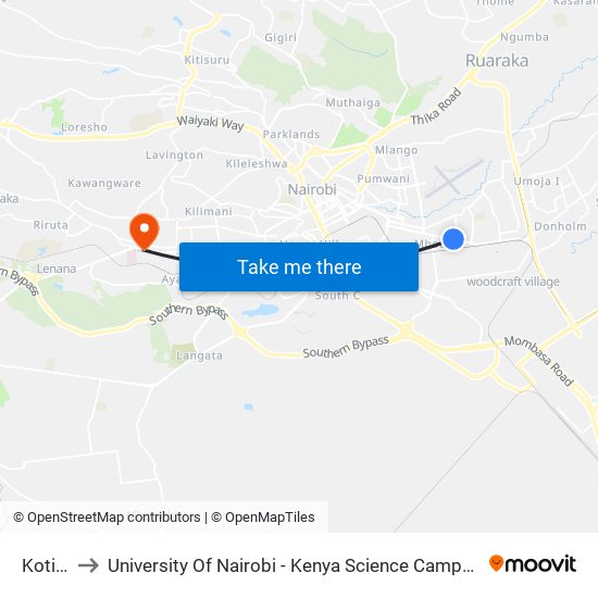 Kotini to University Of Nairobi - Kenya Science Campus map