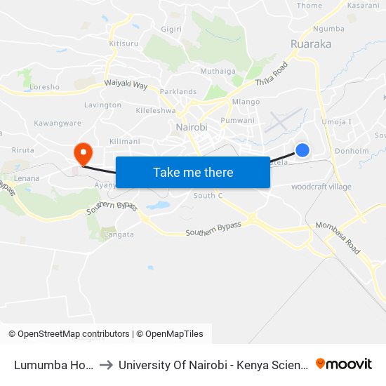 Lumumba Hosptial to University Of Nairobi - Kenya Science Campus map