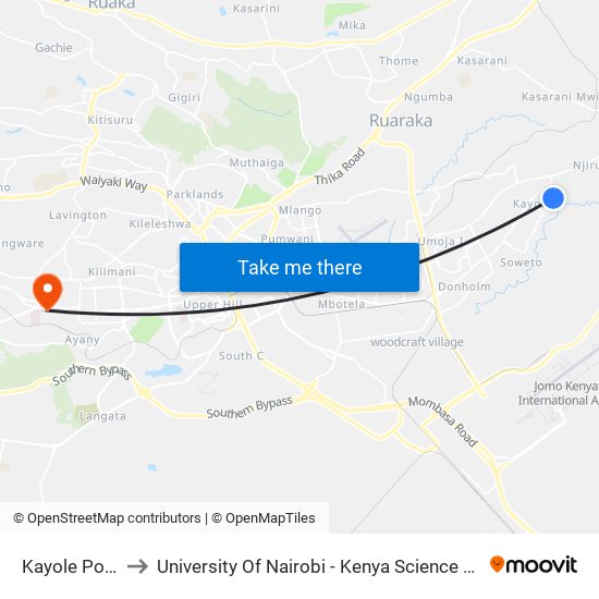 Kayole Police to University Of Nairobi - Kenya Science Campus map