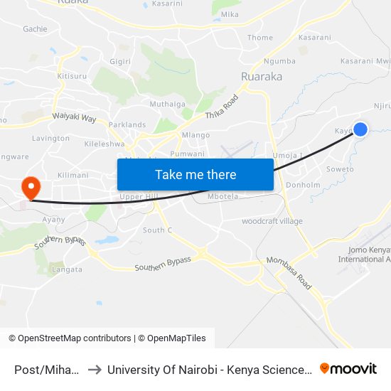 Post/Mihang'O to University Of Nairobi - Kenya Science Campus map