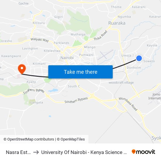 Nasra Estate to University Of Nairobi - Kenya Science Campus map