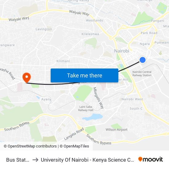 Bus Station to University Of Nairobi - Kenya Science Campus map
