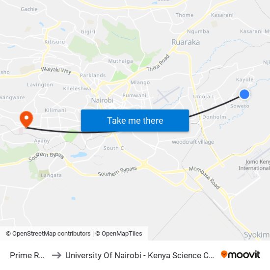 Prime Rose to University Of Nairobi - Kenya Science Campus map