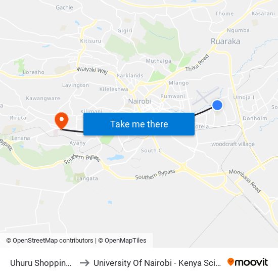 Uhuru Shopping Centre to University Of Nairobi - Kenya Science Campus map