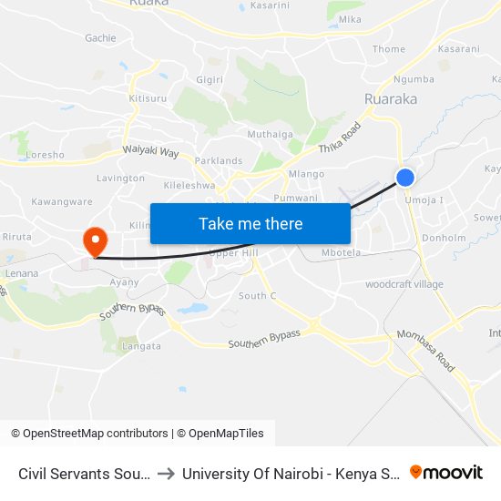 Civil Servants Southend Bar to University Of Nairobi - Kenya Science Campus map