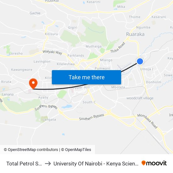 Total Petrol Station to University Of Nairobi - Kenya Science Campus map