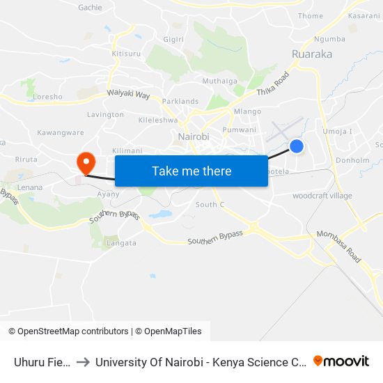 Uhuru Fields to University Of Nairobi - Kenya Science Campus map