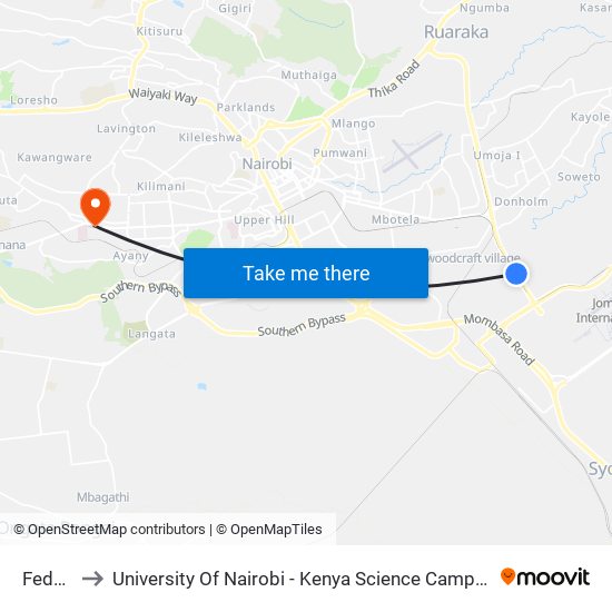 Fedha to University Of Nairobi - Kenya Science Campus map