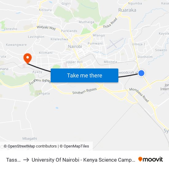 Tassia to University Of Nairobi - Kenya Science Campus map