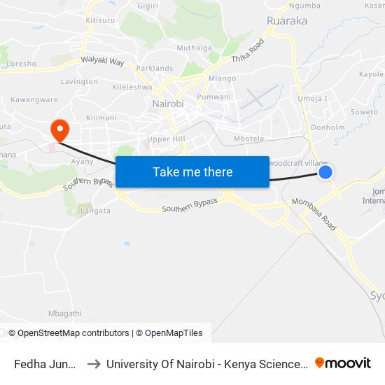 Fedha Junction to University Of Nairobi - Kenya Science Campus map
