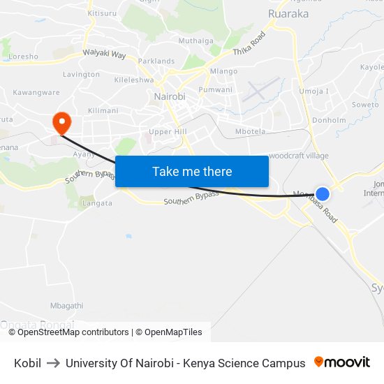 Kobil to University Of Nairobi - Kenya Science Campus map