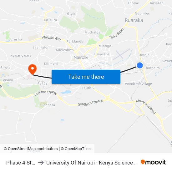 Phase 4 Stage to University Of Nairobi - Kenya Science Campus map