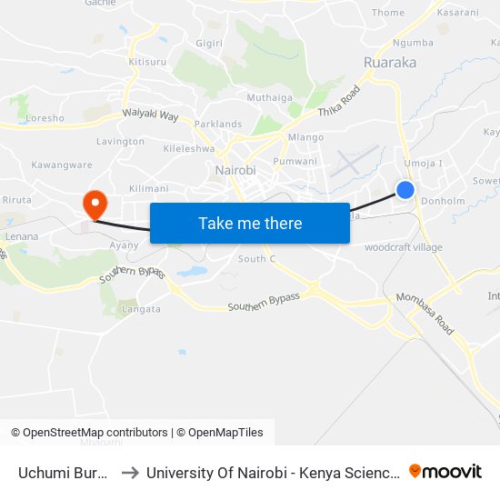 Uchumi Buruburu to University Of Nairobi - Kenya Science Campus map