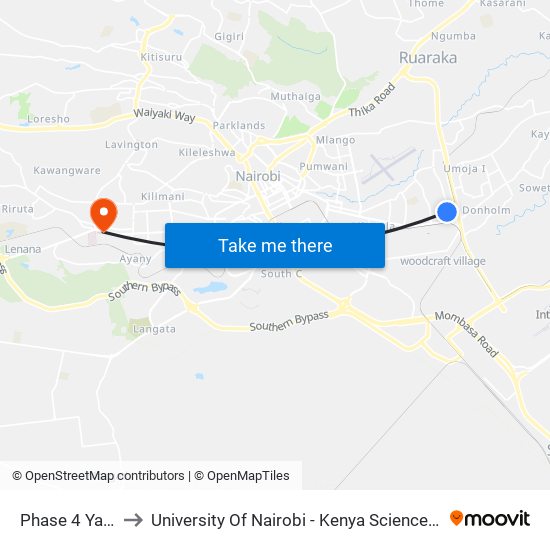 Phase 4 Ya Juu to University Of Nairobi - Kenya Science Campus map