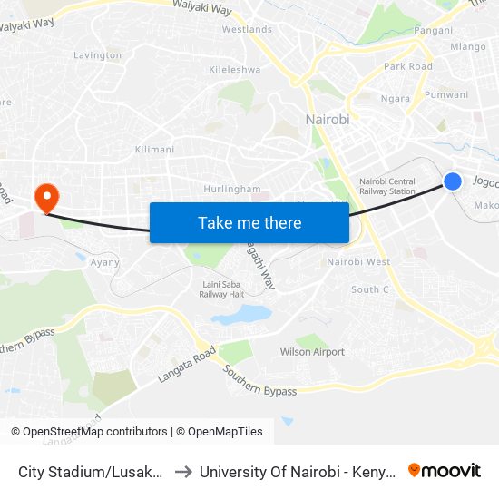 City Stadium/Lusaka Road Junctn to University Of Nairobi - Kenya Science Campus map