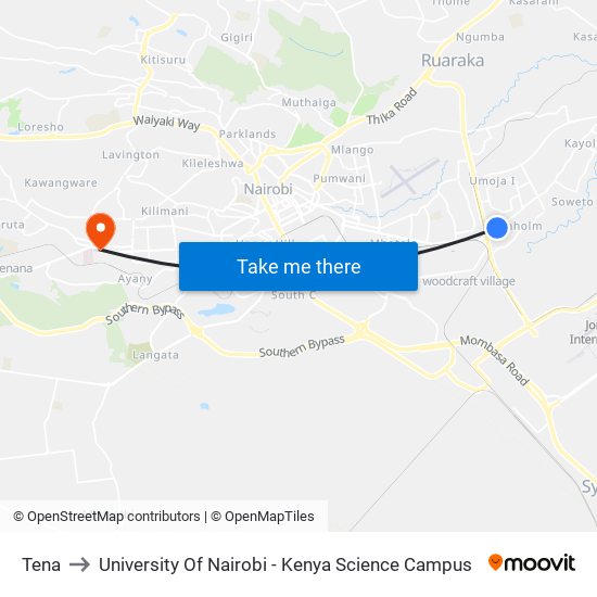 Tena to University Of Nairobi - Kenya Science Campus map
