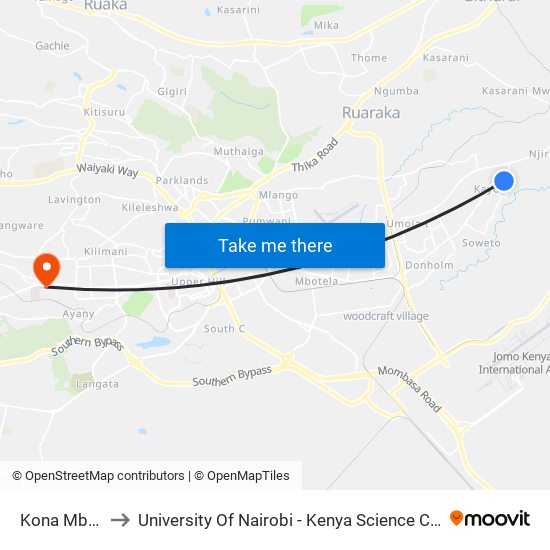 Kona Mbaya to University Of Nairobi - Kenya Science Campus map