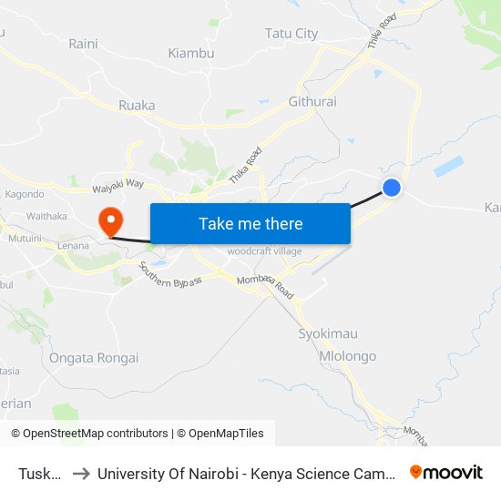 Tuskys to University Of Nairobi - Kenya Science Campus map