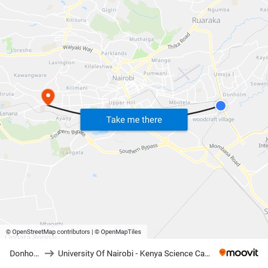 Donholm to University Of Nairobi - Kenya Science Campus map