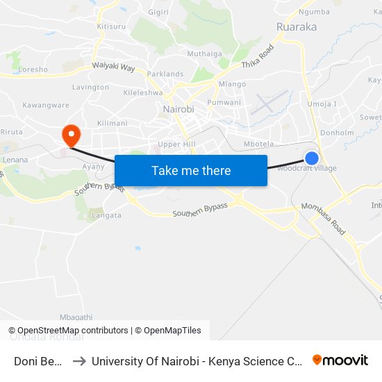 Doni Beach to University Of Nairobi - Kenya Science Campus map