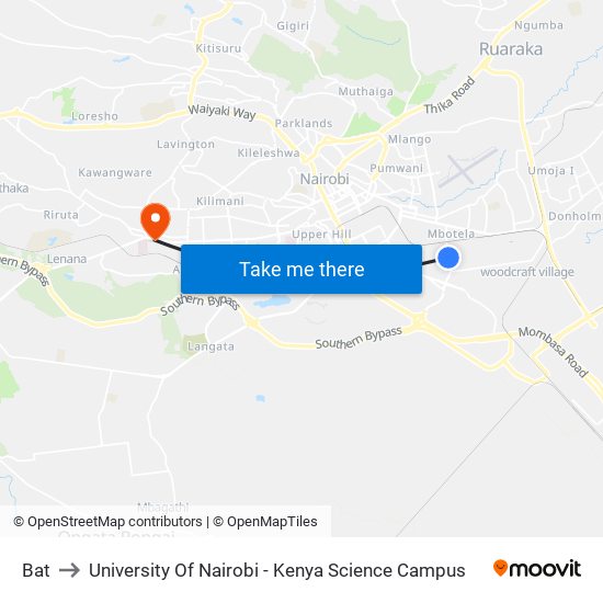 Bat to University Of Nairobi - Kenya Science Campus map