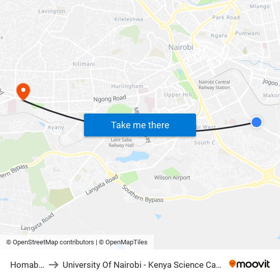 Homabay to University Of Nairobi - Kenya Science Campus map