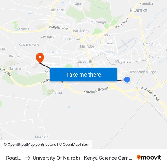 Road A to University Of Nairobi - Kenya Science Campus map