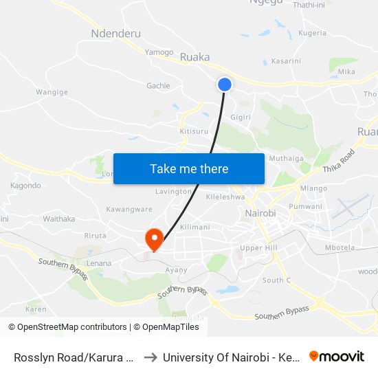Rosslyn Road/Karura Community Chapel to University Of Nairobi - Kenya Science Campus map