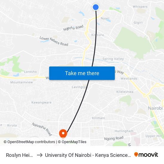 Roslyn Heights to University Of Nairobi - Kenya Science Campus map