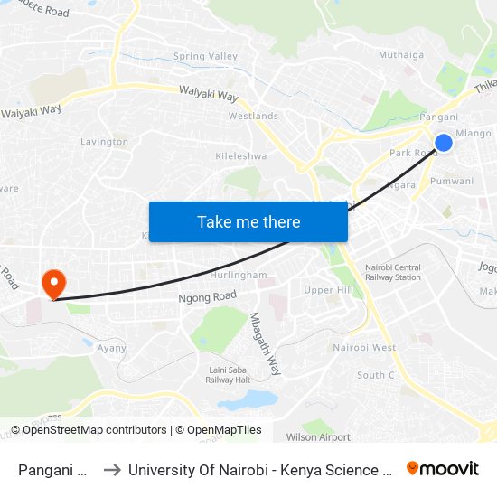 Pangani Girls to University Of Nairobi - Kenya Science Campus map