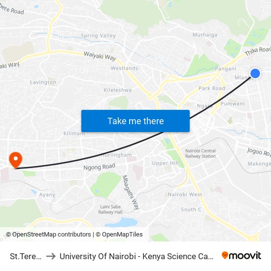 St.Teresa to University Of Nairobi - Kenya Science Campus map