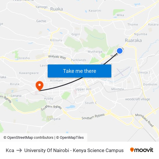 Kca to University Of Nairobi - Kenya Science Campus map