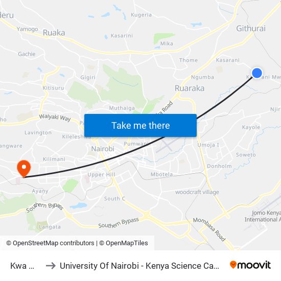 Kwa Miti to University Of Nairobi - Kenya Science Campus map