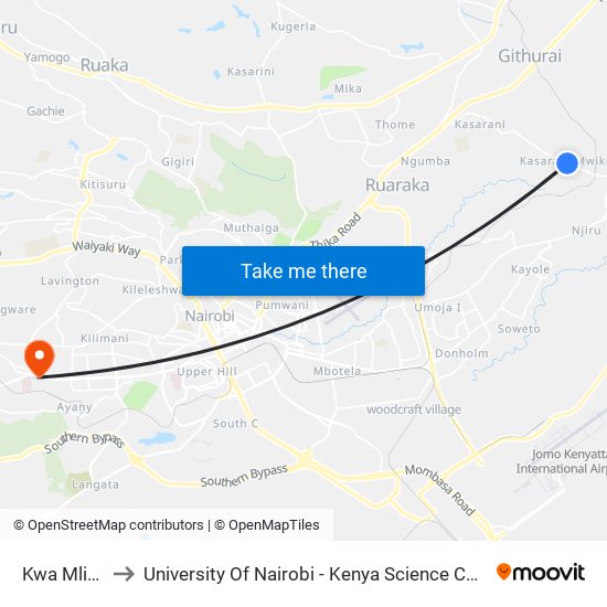 Kwa Mlima to University Of Nairobi - Kenya Science Campus map