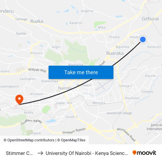 Stimmer Corner to University Of Nairobi - Kenya Science Campus map