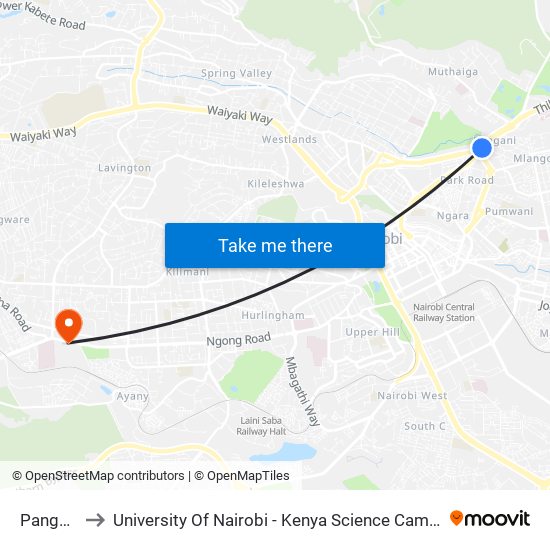 Pangani to University Of Nairobi - Kenya Science Campus map