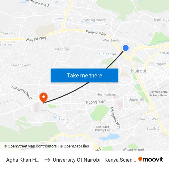 Agha Khan Hospital to University Of Nairobi - Kenya Science Campus map