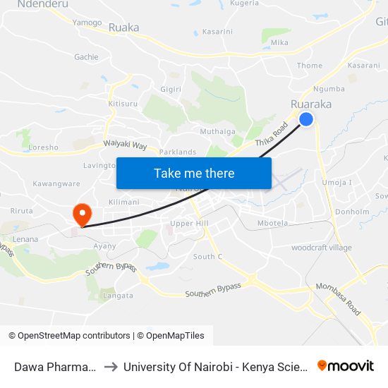 Dawa Pharmacutical to University Of Nairobi - Kenya Science Campus map