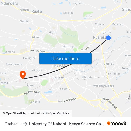 Gathecha to University Of Nairobi - Kenya Science Campus map