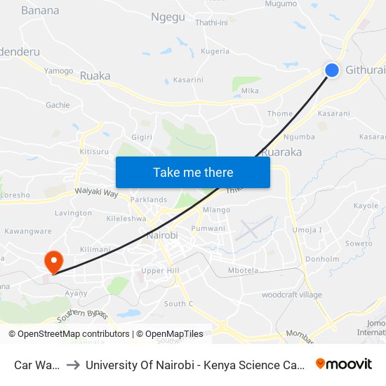 Car Wash to University Of Nairobi - Kenya Science Campus map
