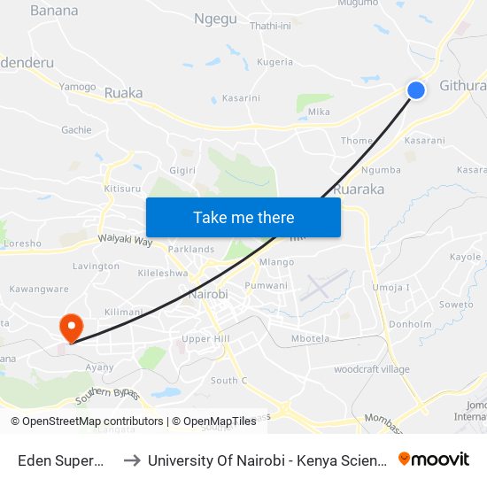 Eden Supermarket to University Of Nairobi - Kenya Science Campus map