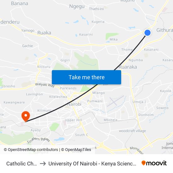 Catholic Church to University Of Nairobi - Kenya Science Campus map