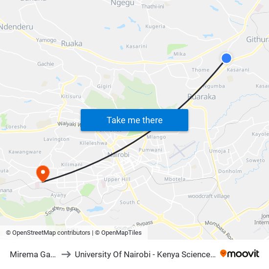 Mirema Garden to University Of Nairobi - Kenya Science Campus map