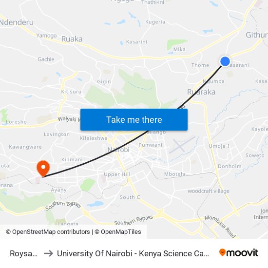Roysabu to University Of Nairobi - Kenya Science Campus map