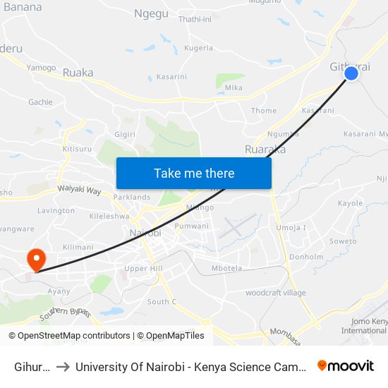 Gihurai to University Of Nairobi - Kenya Science Campus map