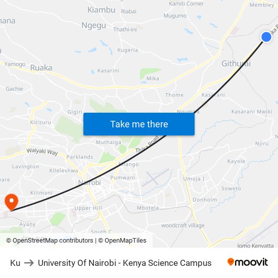 Ku to University Of Nairobi - Kenya Science Campus map